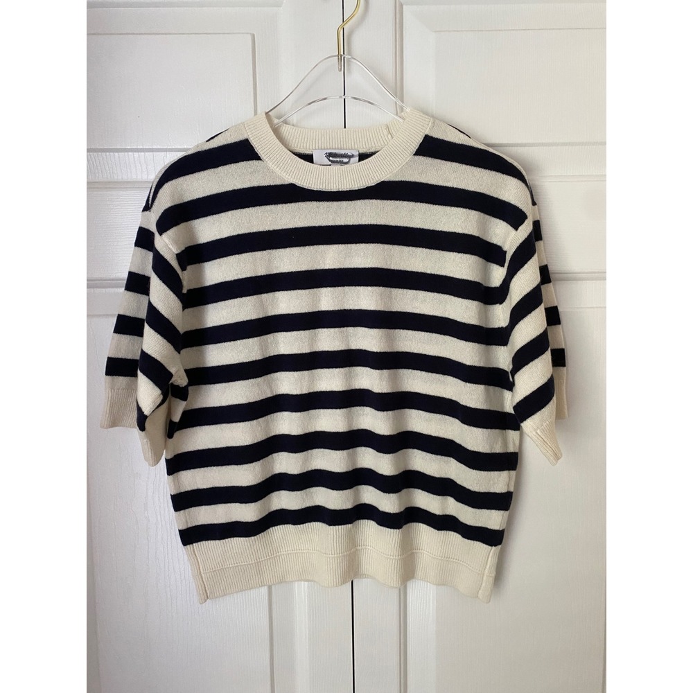 Madewell Relaxed Sweater Tee Women XS Ivory Navy Stripe 100% Cashmere Nautical - Picture 2 of 7